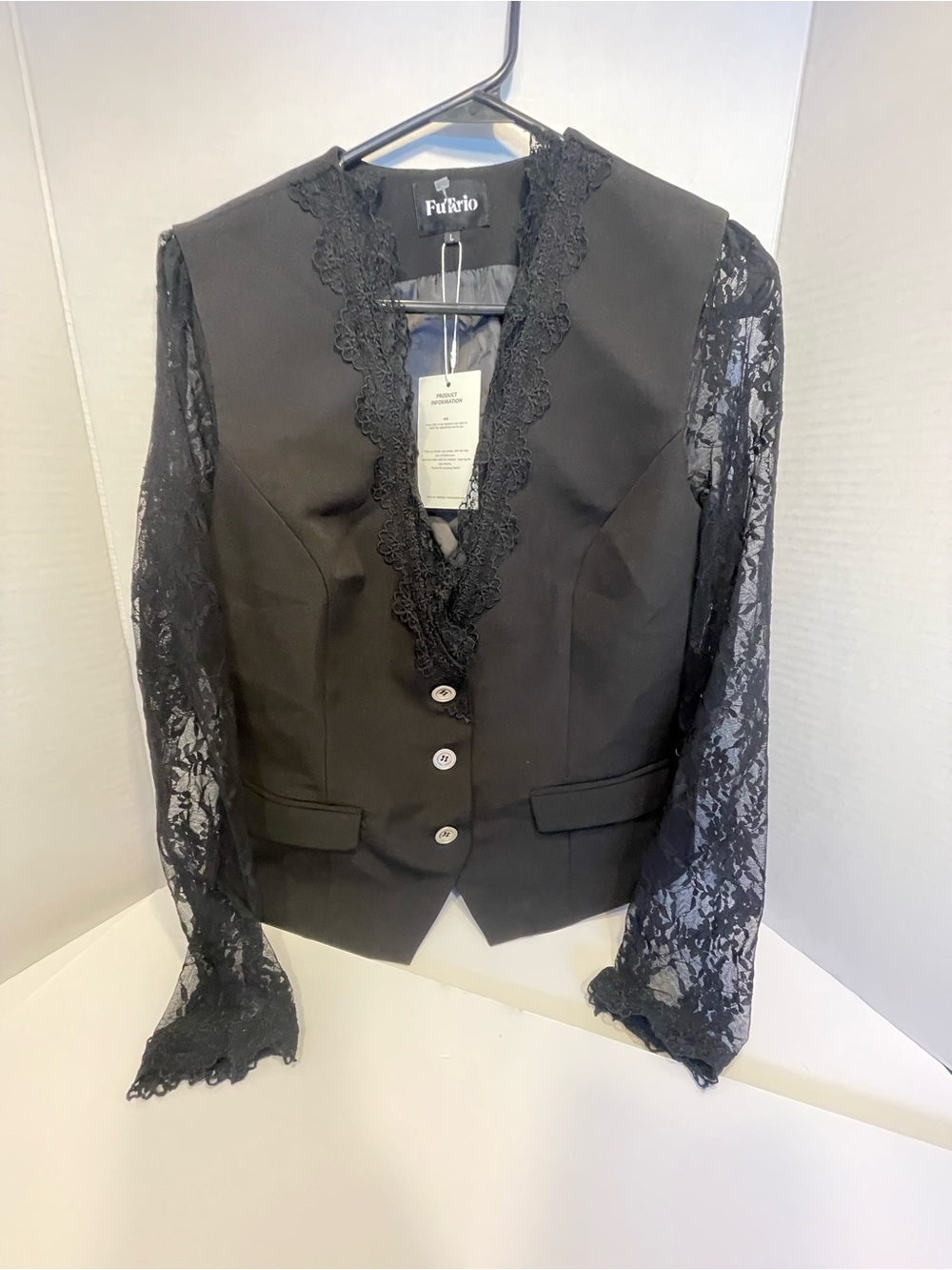 Women's Black Lace-Sleeve Blazer Vest